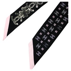 Chanel Black & White Camellia Print Silk Twill Scarf