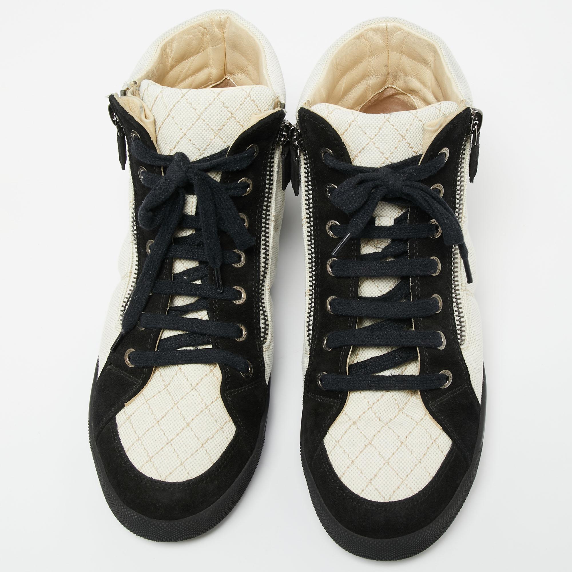 Beige Chanel Black/White Canvas and Suede CC High Top Sneakers Size 38