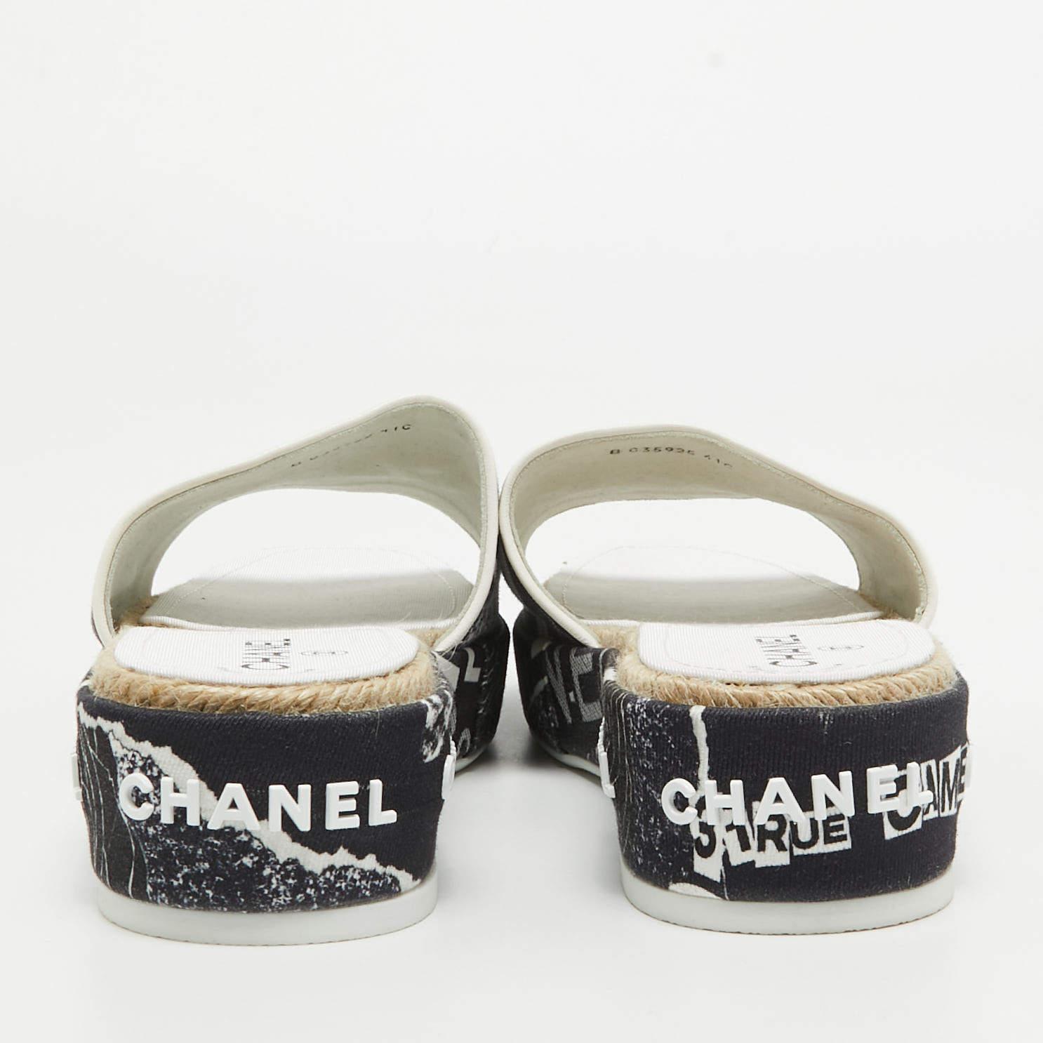 Women's Chanel Black/White Canvas Logo Graffiti Espadrille Slide Sandals Size 41
