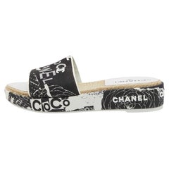 Chanel Black/White Canvas Logo Graffiti Espadrille Slide Sandals Size 41