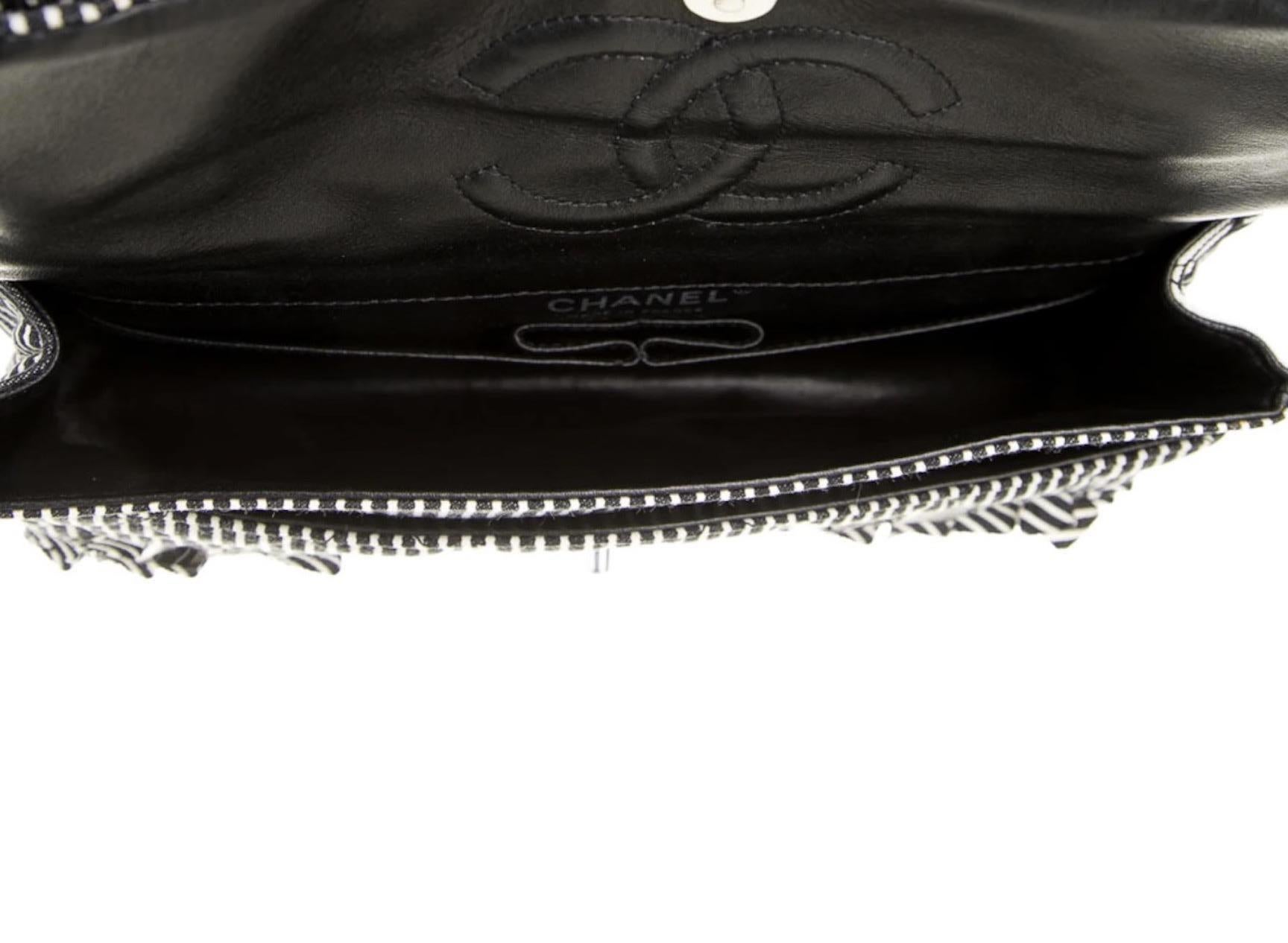 Women's Chanel Black White Canvas Sequin Medium Evening Shoulder Flap Bag