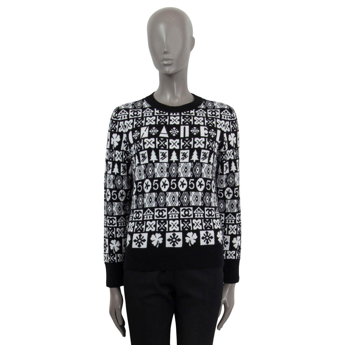 Noir CHANEL cachemire noir et blanc 2019 WINTER CREWNECK Sweater 38 S 19B en vente