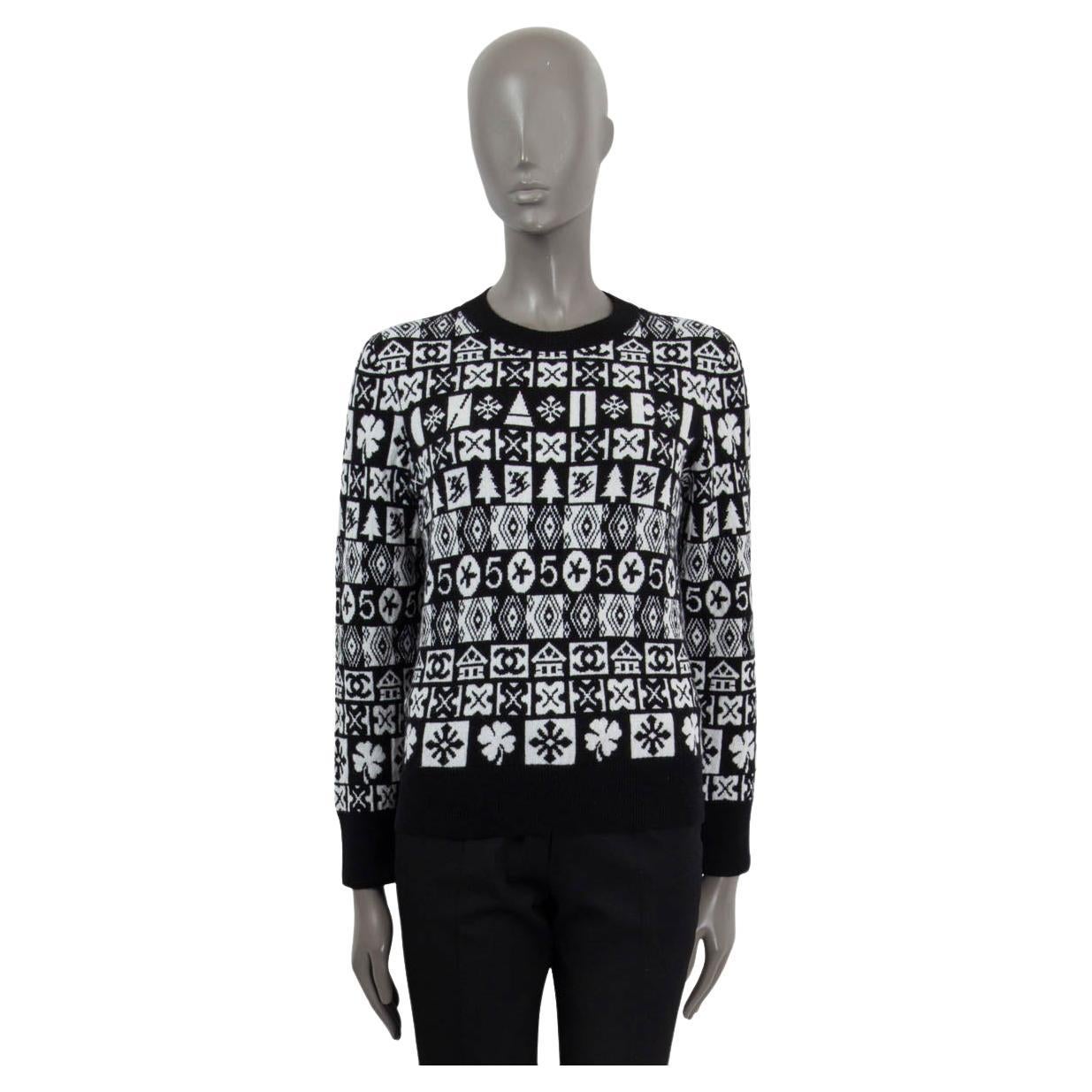 CHANEL cachemire noir et blanc 2019 WINTER CREWNECK Sweater 38 S 19B en vente