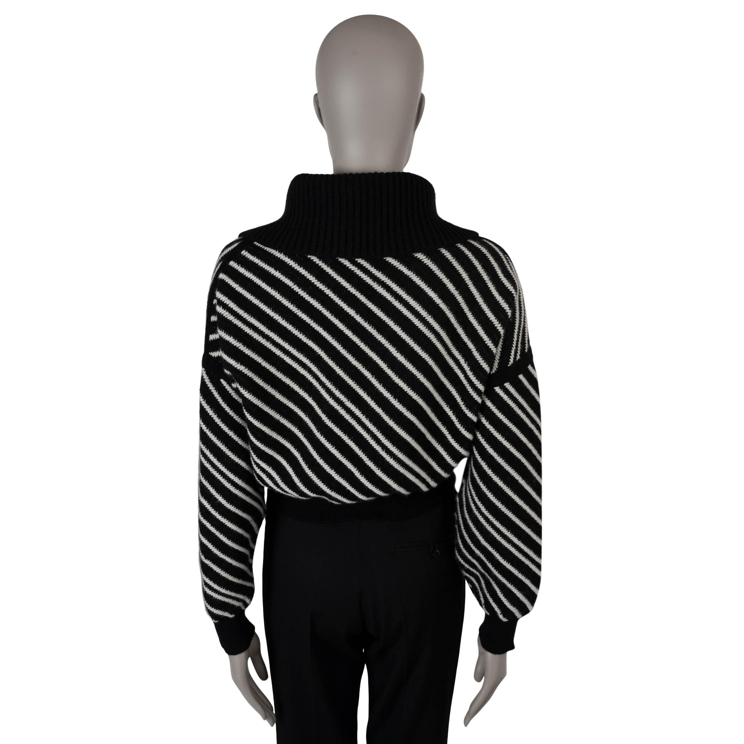 Black CHANEL black & white cashmere 21B STRIPED HALF ZIP CROP Sweater 36 XS