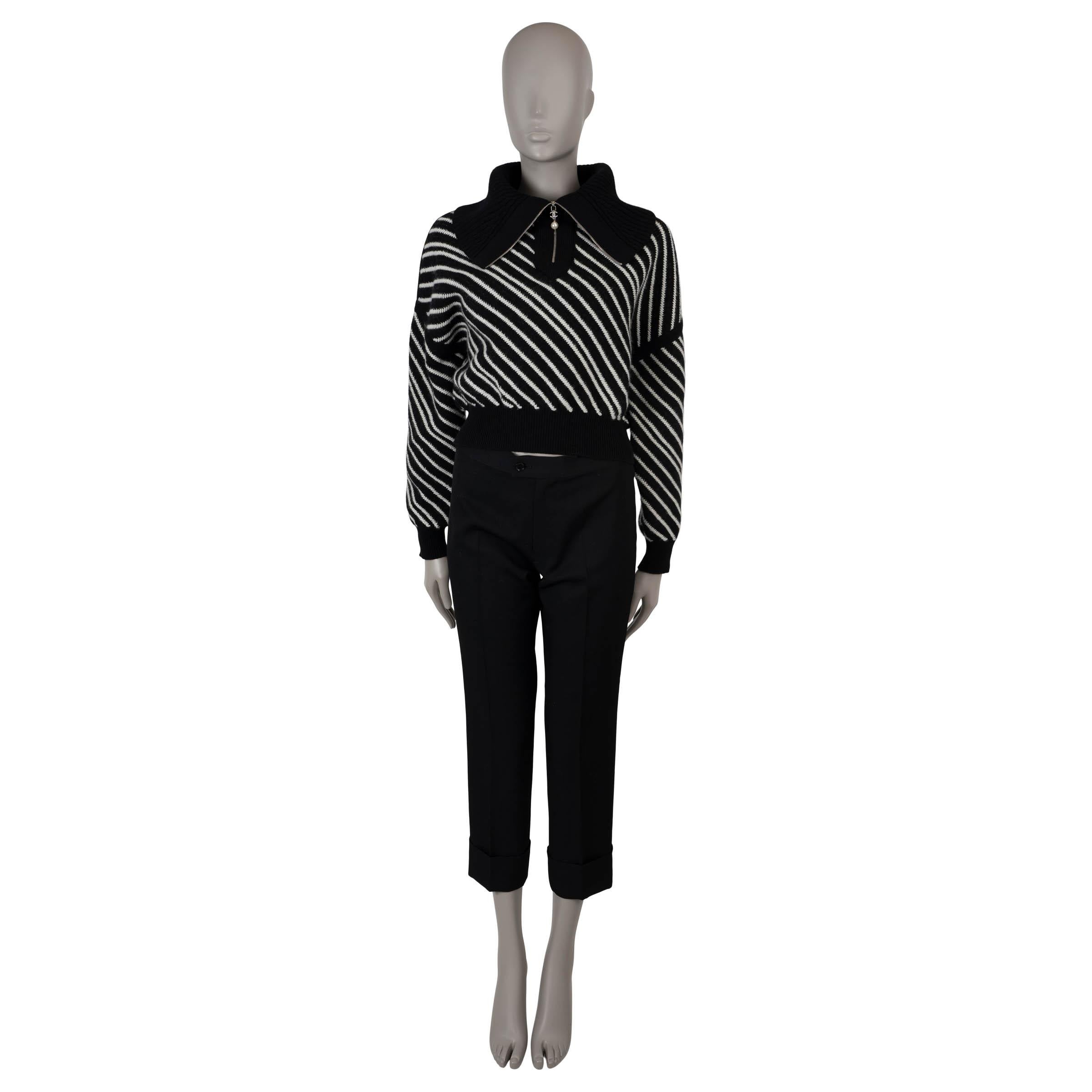 Women's CHANEL black & white cashmere 21B STRIPED HALF ZIP CROP Sweater 36 XS
