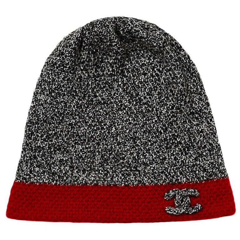Chanel Black and White Cashmere Knit Beanie Hat w/ Red Trim and Puffy