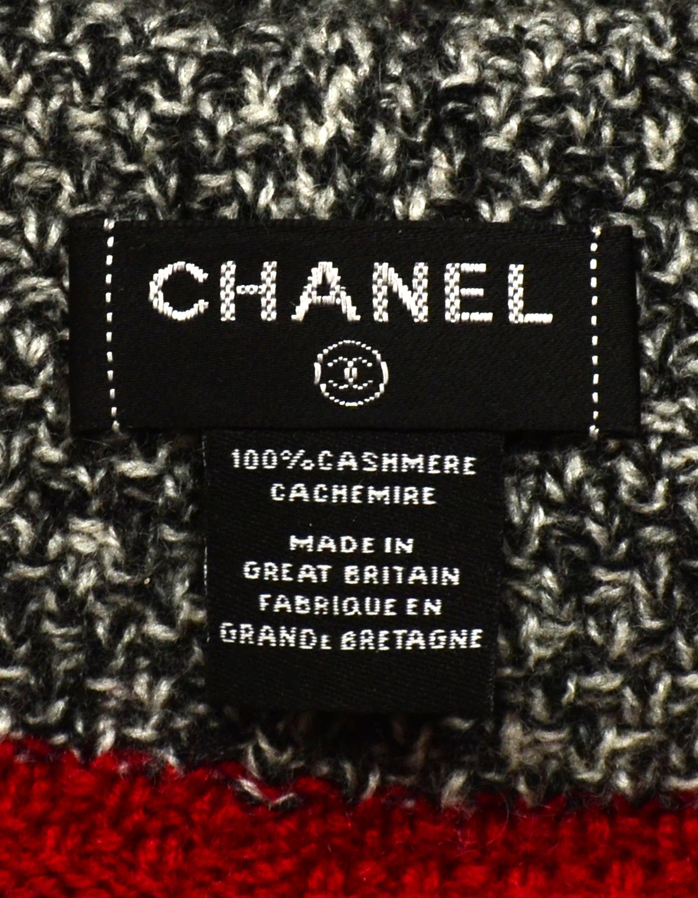 Chanel Black & White Cashmere Knit Hat/Scarf/Gloves w/ Red Trim & CC 4