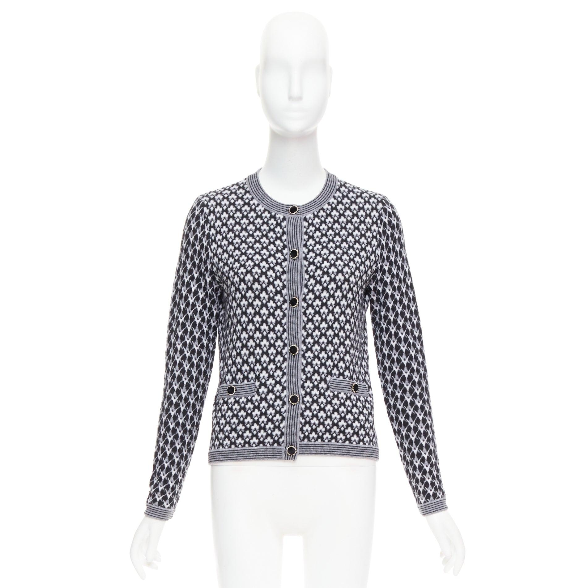 CHANEL black white cashmere velvet buttons crew cardigan FR38 M For Sale 5