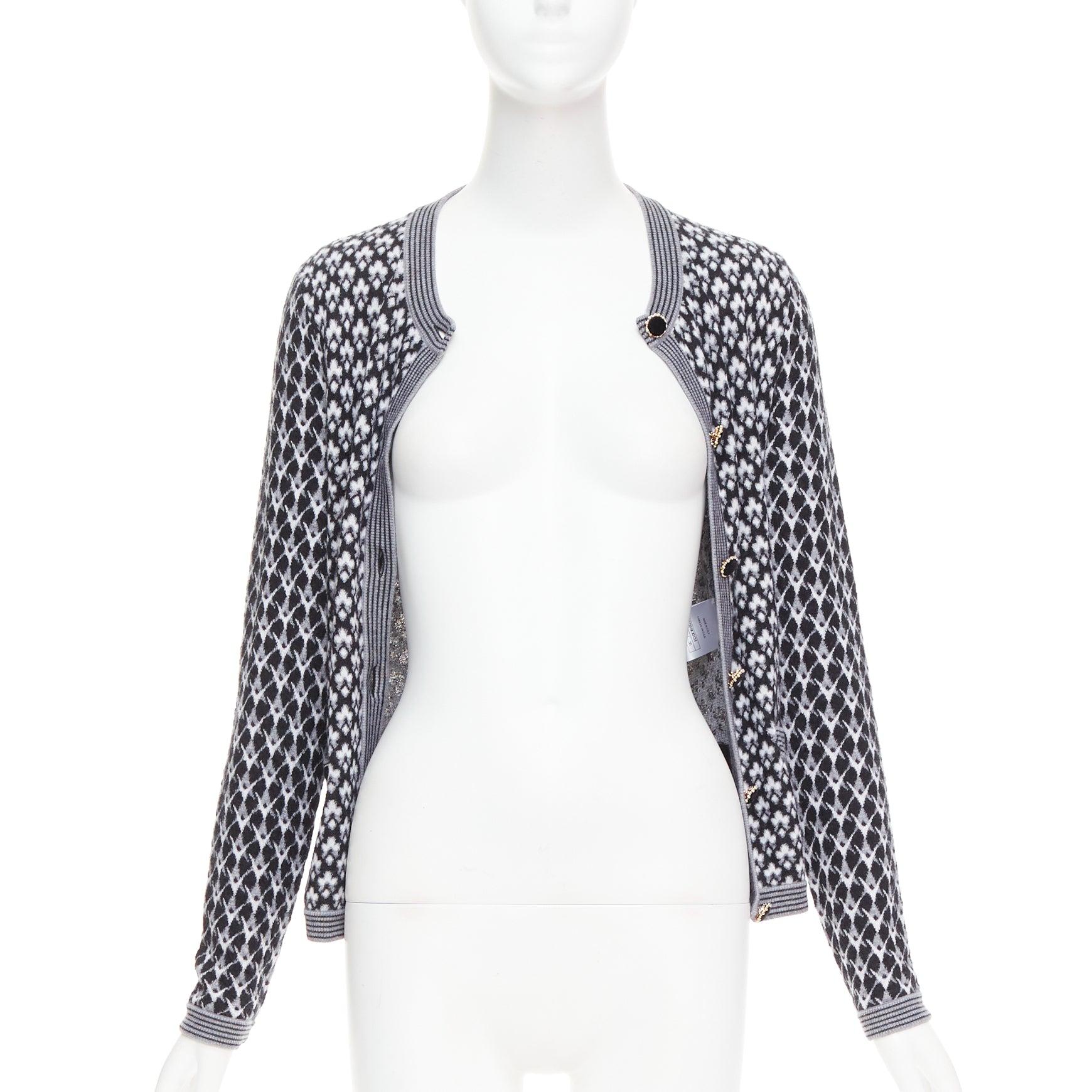 Gray CHANEL black white cashmere velvet buttons crew cardigan FR38 M For Sale
