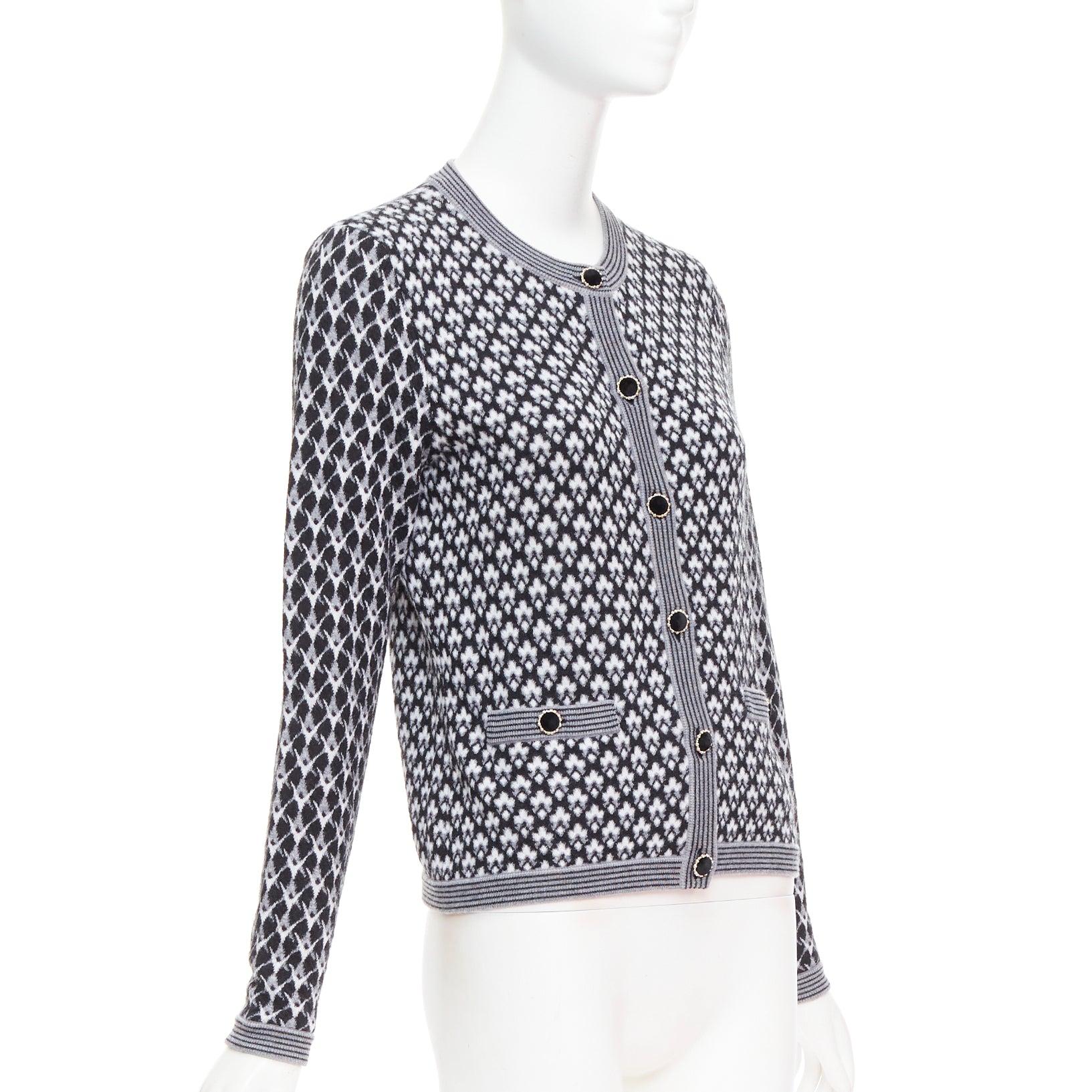 CHANEL black white cashmere velvet buttons crew cardigan FR38 M In Excellent Condition For Sale In Hong Kong, NT