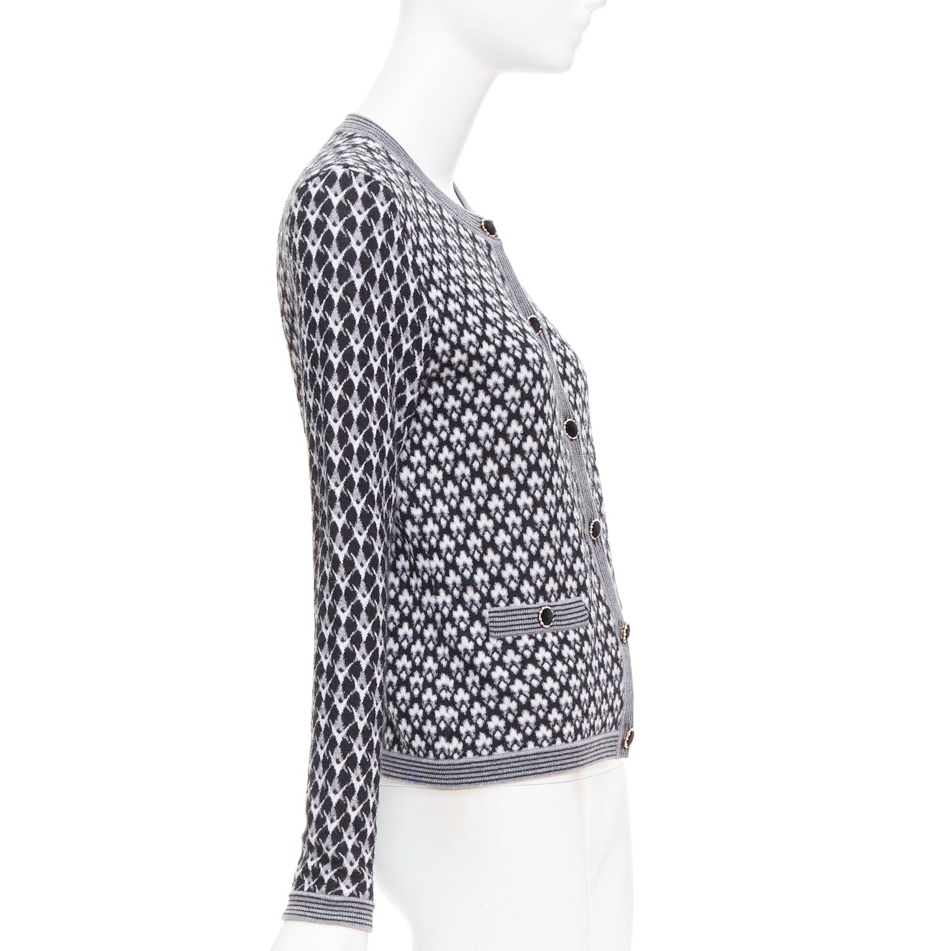 Women's CHANEL black white cashmere velvet buttons crew cardigan FR38 M For Sale