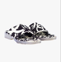 Chanel Black & White CC Logo Canvas Slide Sandals - '00s