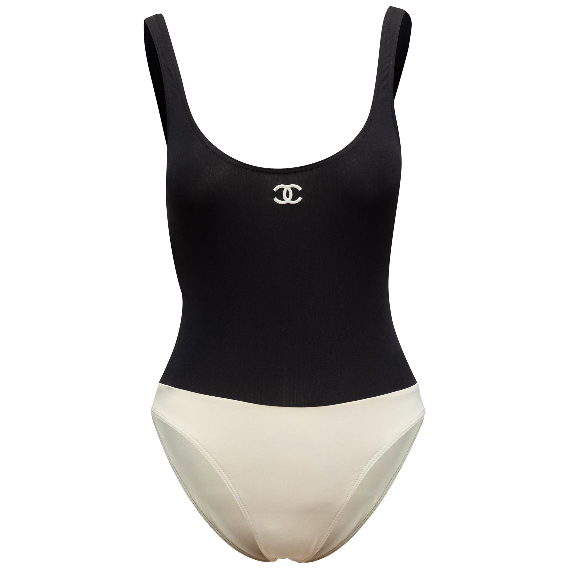 Chanel Swimsuit One Piece CC Logo Black White Dual Swimwear