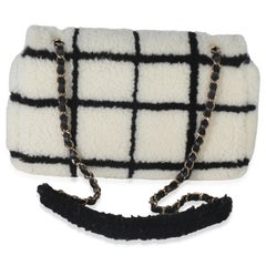 Chanel Black White CC Square Print Shearling Medium Flap Bag