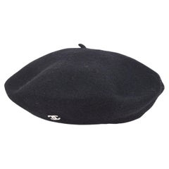 CHANEL Black White CC Wool Beret Hat 