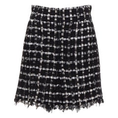 CHANEL black white check raw edge tweed silk lined skirt FR40 L CHANEL black white check raw edge tweed silk lined skirt FR40 L