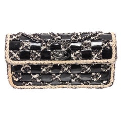 Chanel Black White Checkered Patent Leather Tweed Shoulder Flap Bag