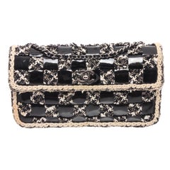 Chanel Black White Checkered Patent Leather Tweed Shoulder Flap Bag