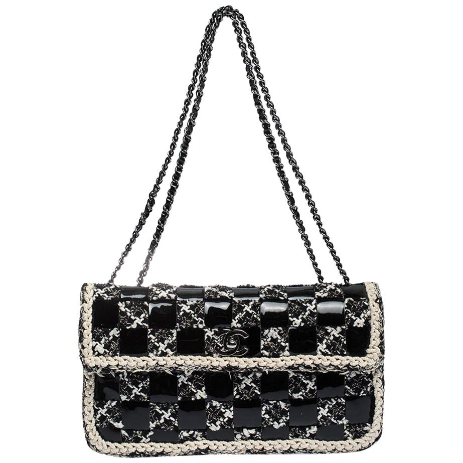 Chanel Black/White Chessboard Tweed and Patent Leather Classic Flap Bag