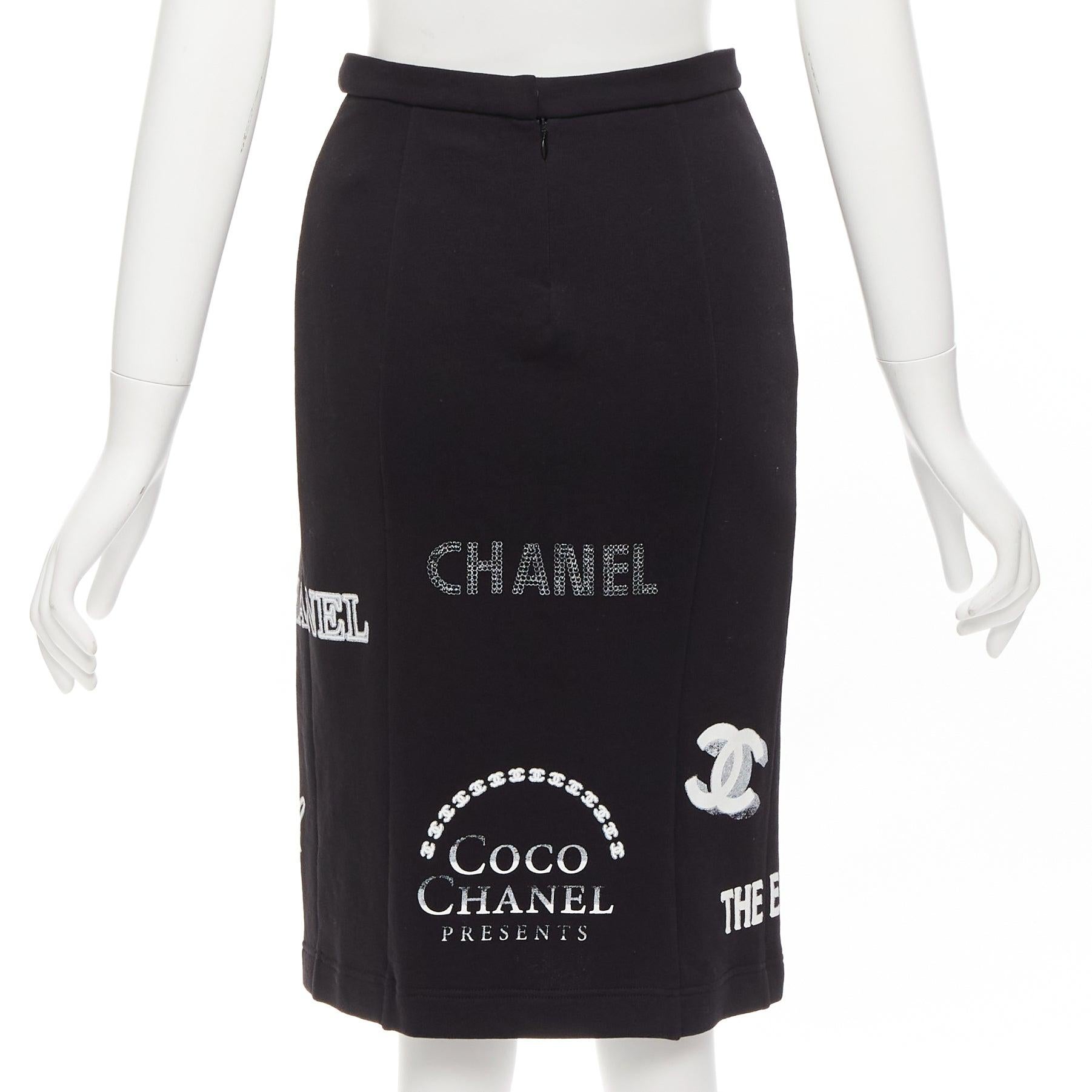CHANEL black white Coco Gabriele graphic print slit pencil skirt FR34 XS For Sale 1