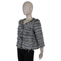 CHANEL black white cotton 11S FEATHER & FRINGE TRIM TWEED Jacket 40 M