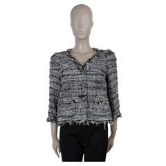 CHANEL black white cotton 11S FEATHER & FRINGE TRIM TWEED Jacket 40 M
