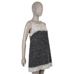 CHANEL black & white cotton 14P FRINGE TRIM TWEED Dress 42 L