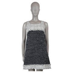 CHANEL black & white cotton 14P FRINGE TRIM TWEED Dress 42 L