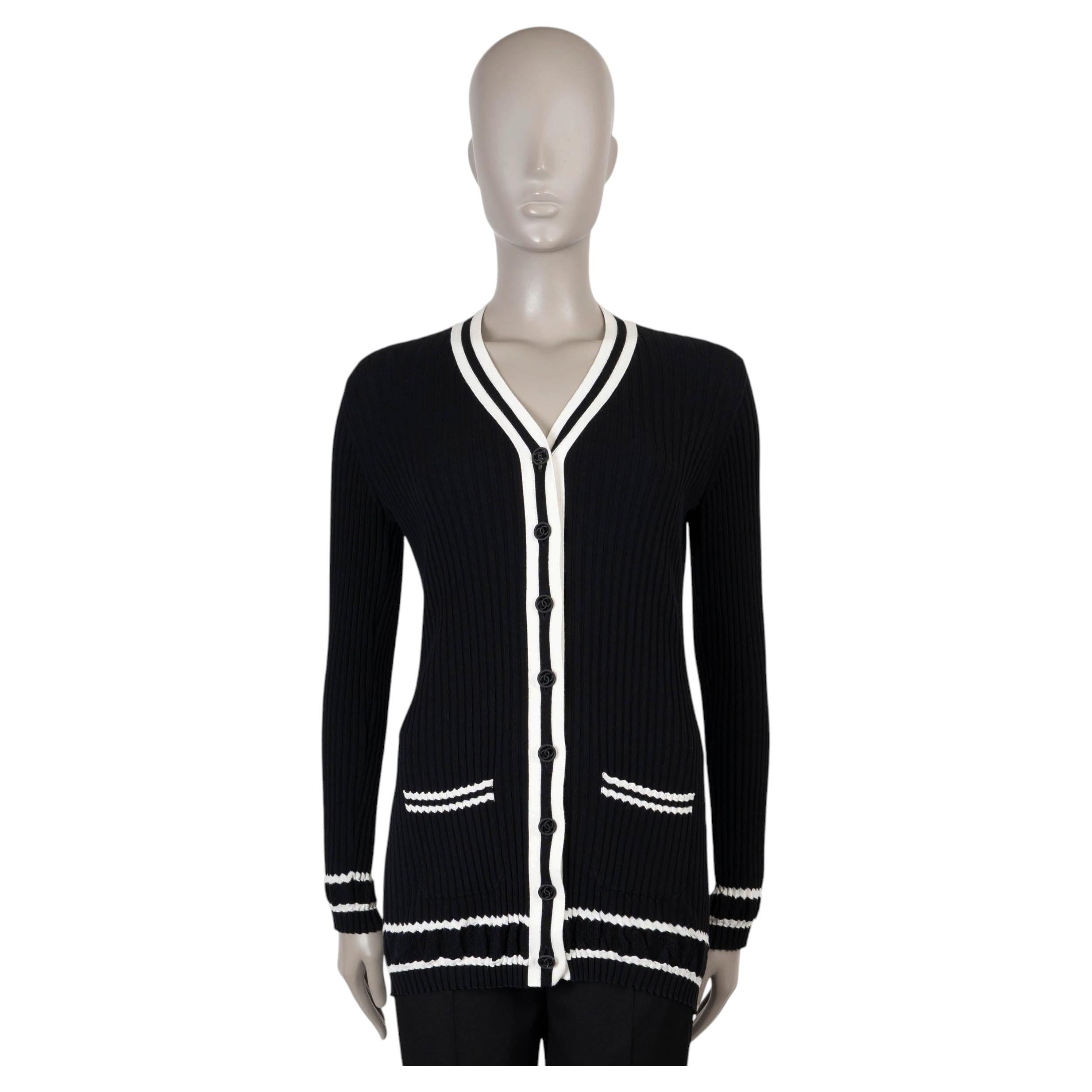 CHANEL schwarz weiß Baumwolle 19P CONTRAST TRIM RIB-KNIT Strickjacke Pullover 36 XS