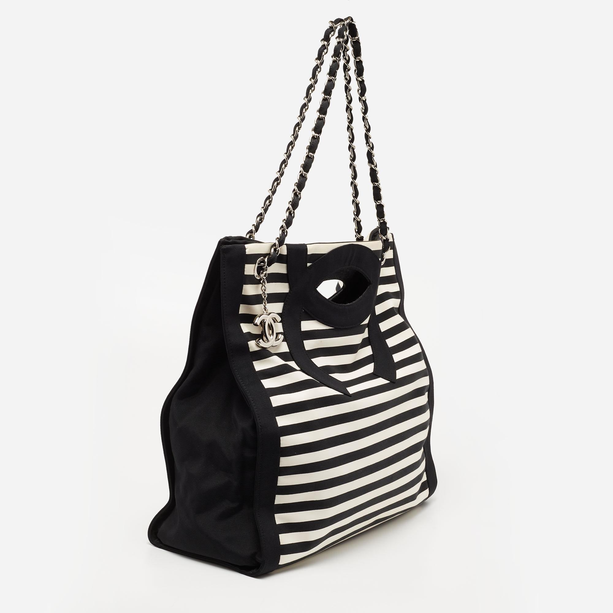 Chanel Black/White Cruise Striped Satin and Canvas CC Tote In Good Condition In Dubai, Al Qouz 2