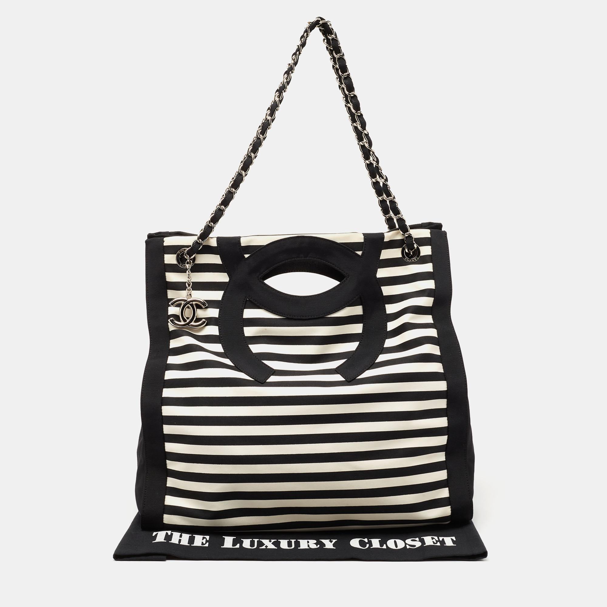 Chanel Black/White Cruise Striped Satin and Canvas CC Tote 3