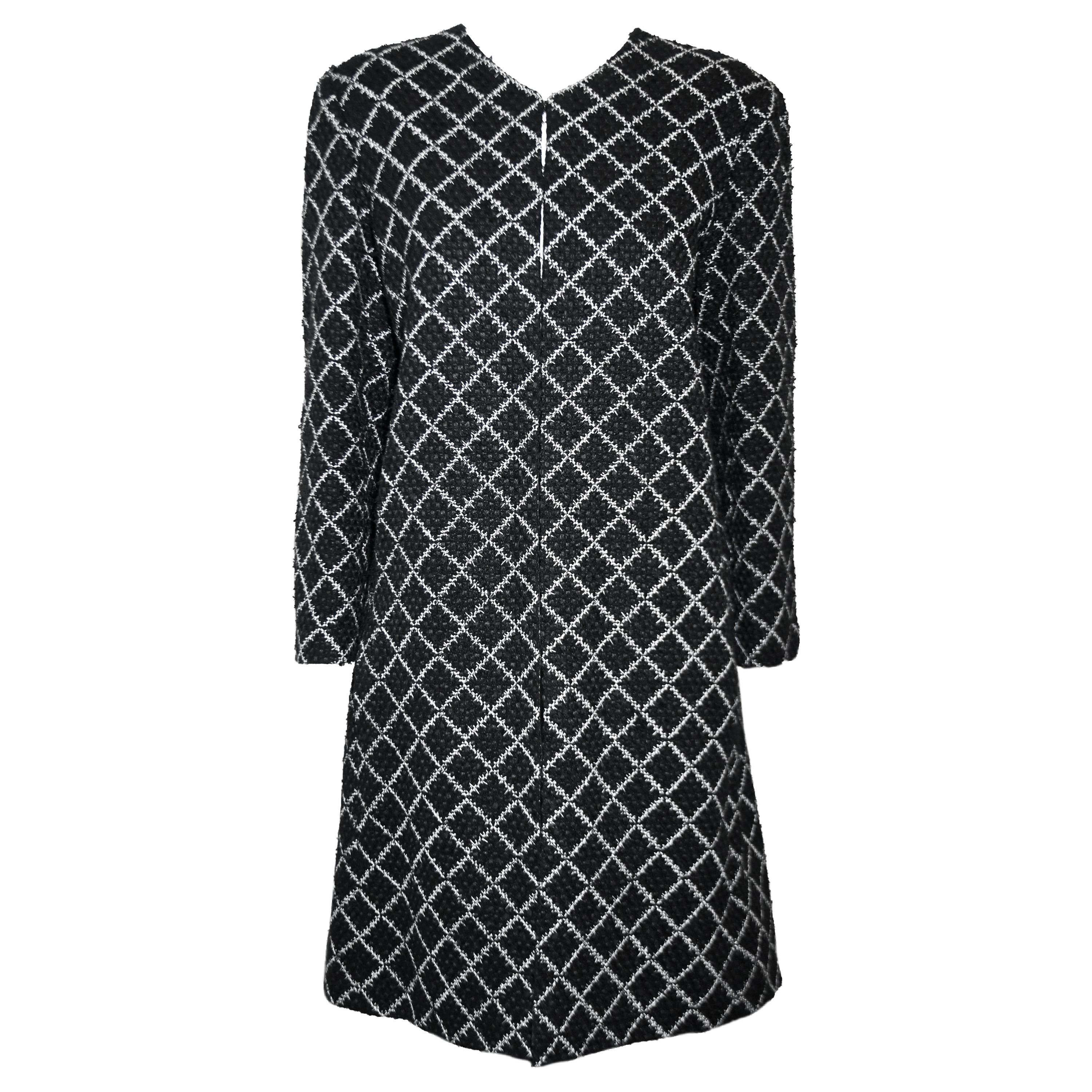 Chanel Black & White Diamond Pattern Stitched Wool Coat For Sale