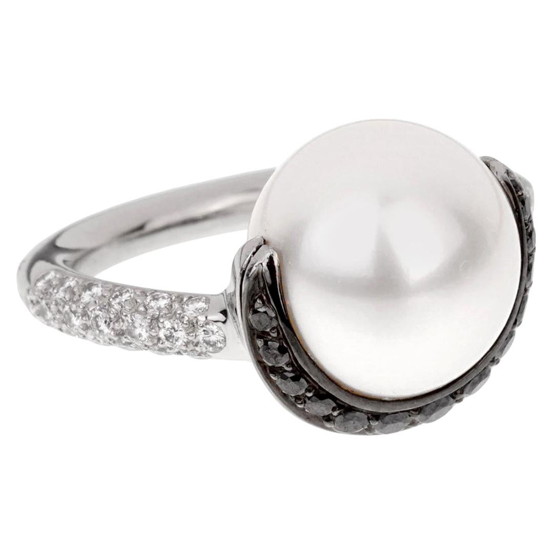 Chanel Black White Diamond Pearl Platinum Ring For Sale