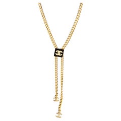 Chanel Black White Enamel CC Gold Lariat Chain Necklace