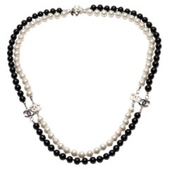 Chanel Black & White Faux Pearl Enamel Cc Logo Long Necklace