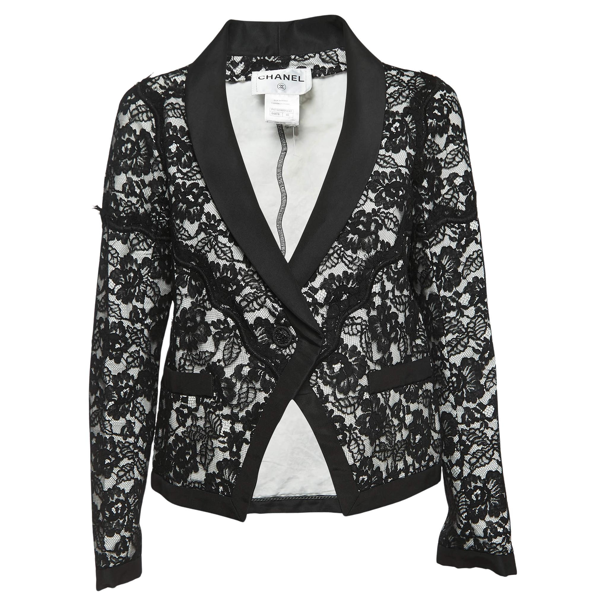 Chanel Black/White Floral Lace Single Button Blazer L For Sale