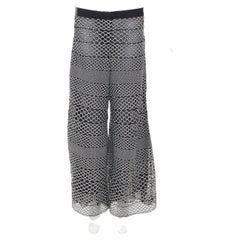 CHANEL black white geometric honeycomb guipure crochet knit wide pants FR42 XL