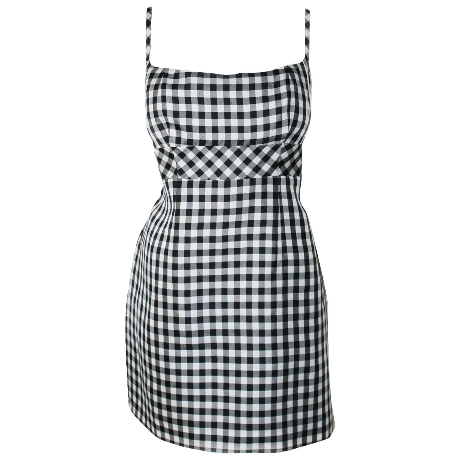 Chanel Black & White Gingham Check Spaghetti Strap Silk Dress 42 For Sale