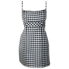 Chanel Black & White Gingham Check Spaghetti Strap Silk Dress 42