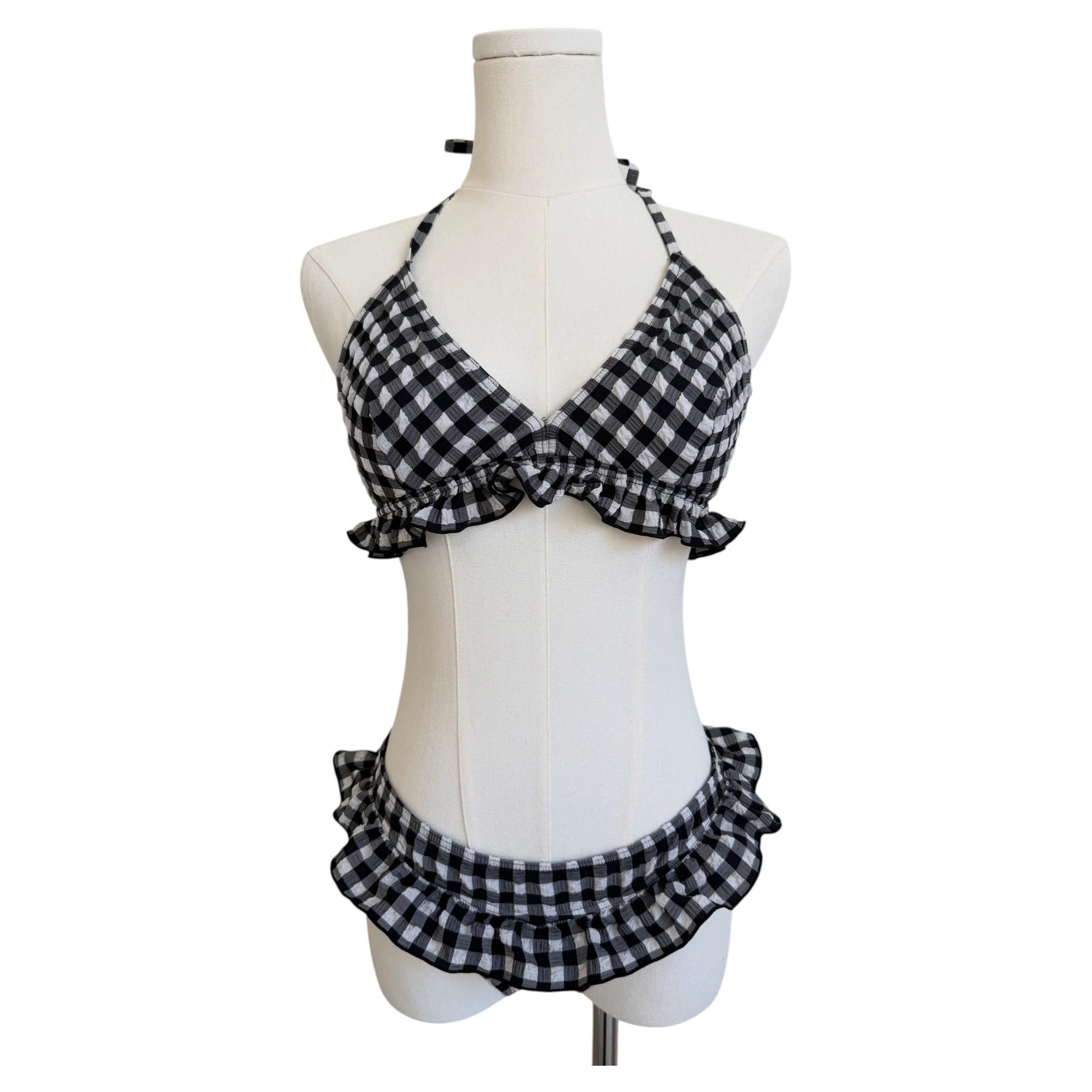 Chanel Black & White Gingham Ruffled Halter Bikini