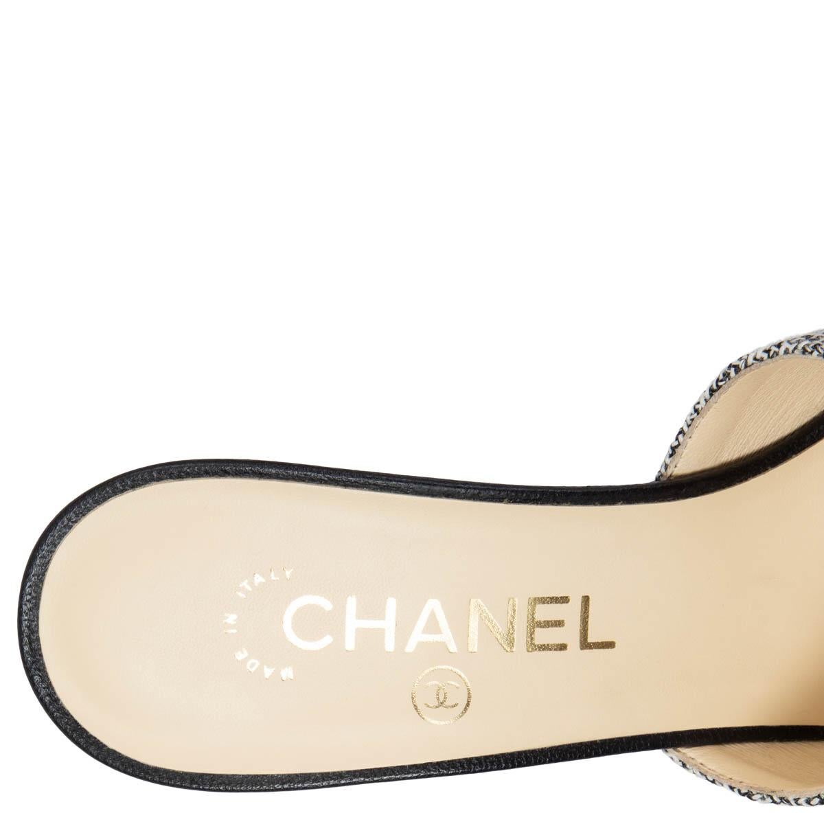 Women's CHANEL black white grey 2018 18C TWEED PEARL HEEL Mules Shoes 37.5