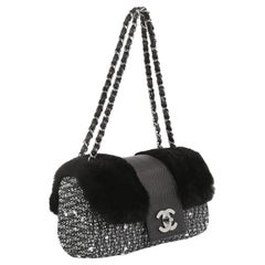 Chanel Black White Grey Tweed Rabbit Fur Shoulder Bag