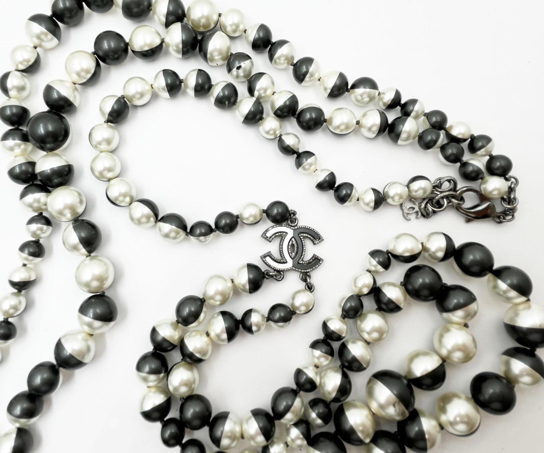 Artisan Chanel Unique Black White Half Half 2 Strand Pearl Long Necklace  For Sale