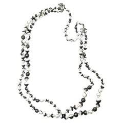 Chanel Black White Half Half 2 Strand Pearl Long Necklace 