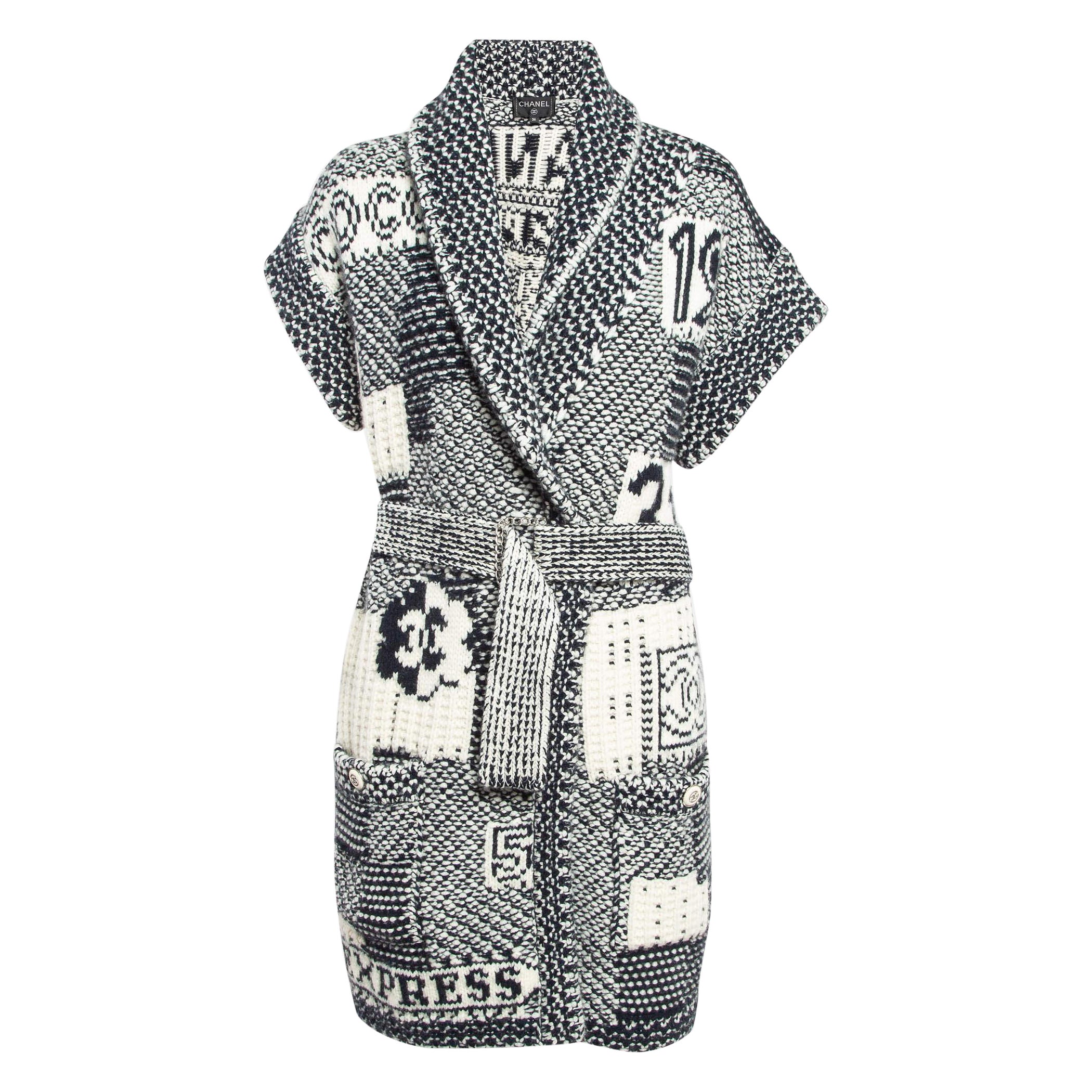 Chanel Black/White Intarsia Knit Cashmere Belted Cardigan S