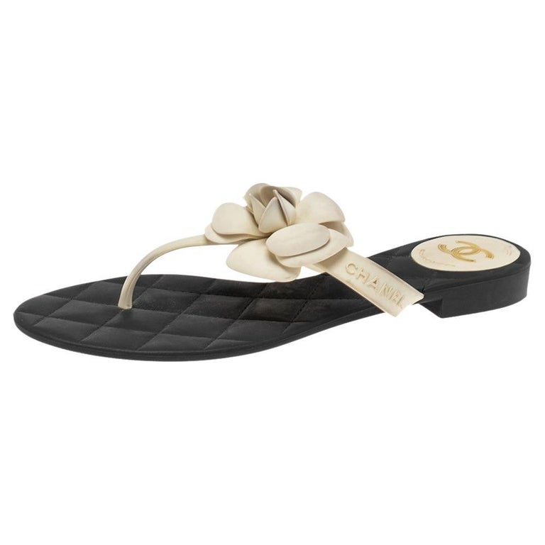 Chanel Black/White Camellia Flower Jelly Quilted Thong Sandals