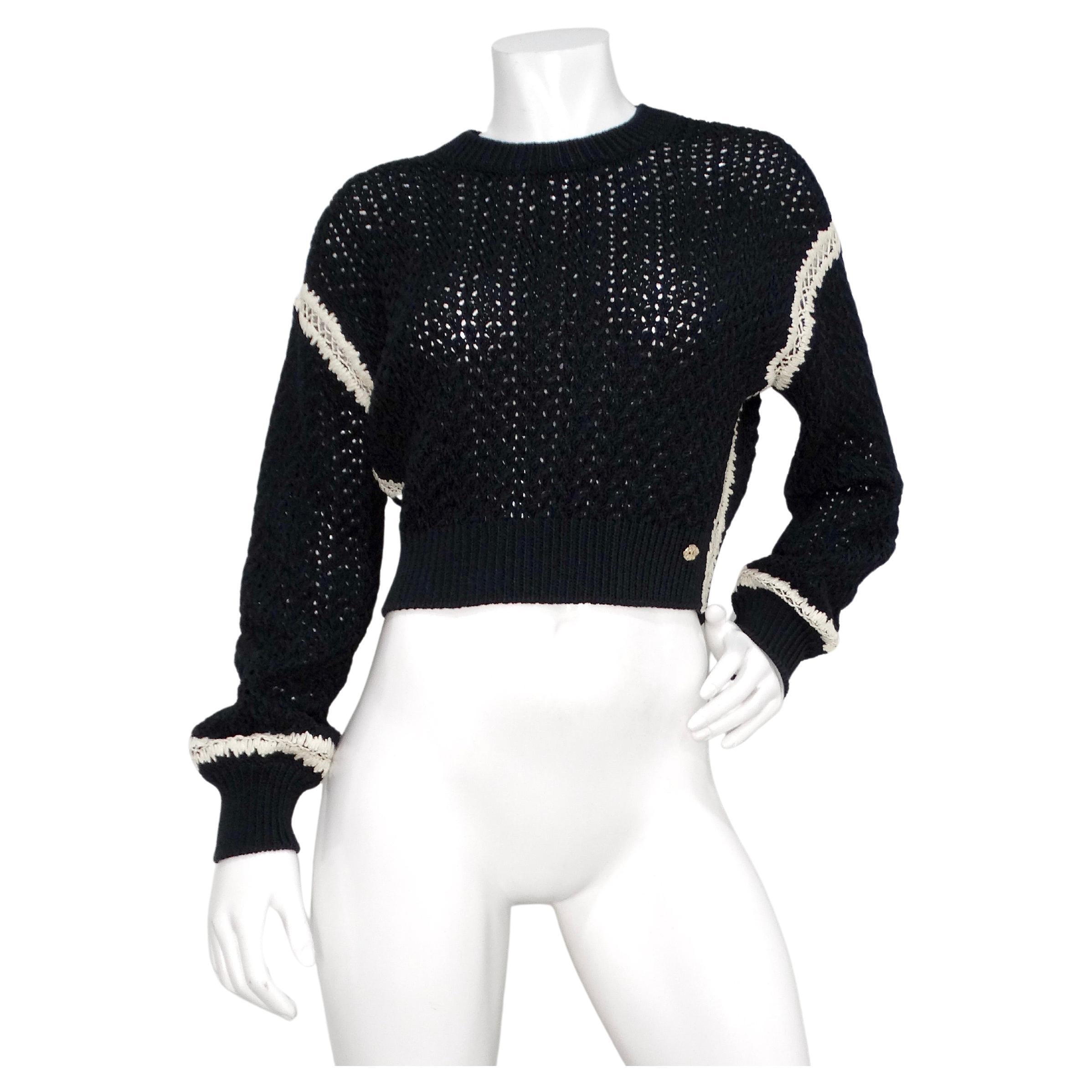 Chanel Black & White Knit Cotton & Silk Cropped Sweater For Sale