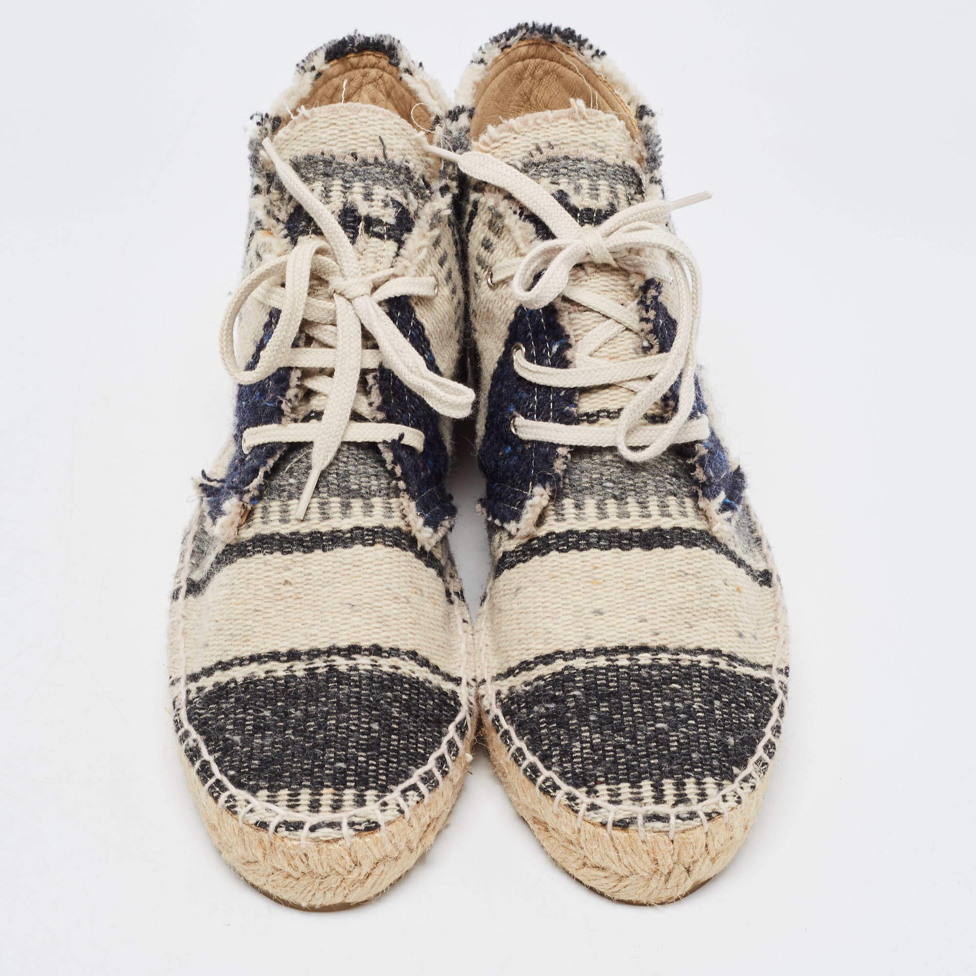 Beige Chanel Black/white Knit Fabric Striped Lace-Up Espadrille Sneakers Size 39