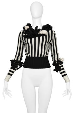 Chanel Black & White Knit Striped Top With Crochet Flowers 2007