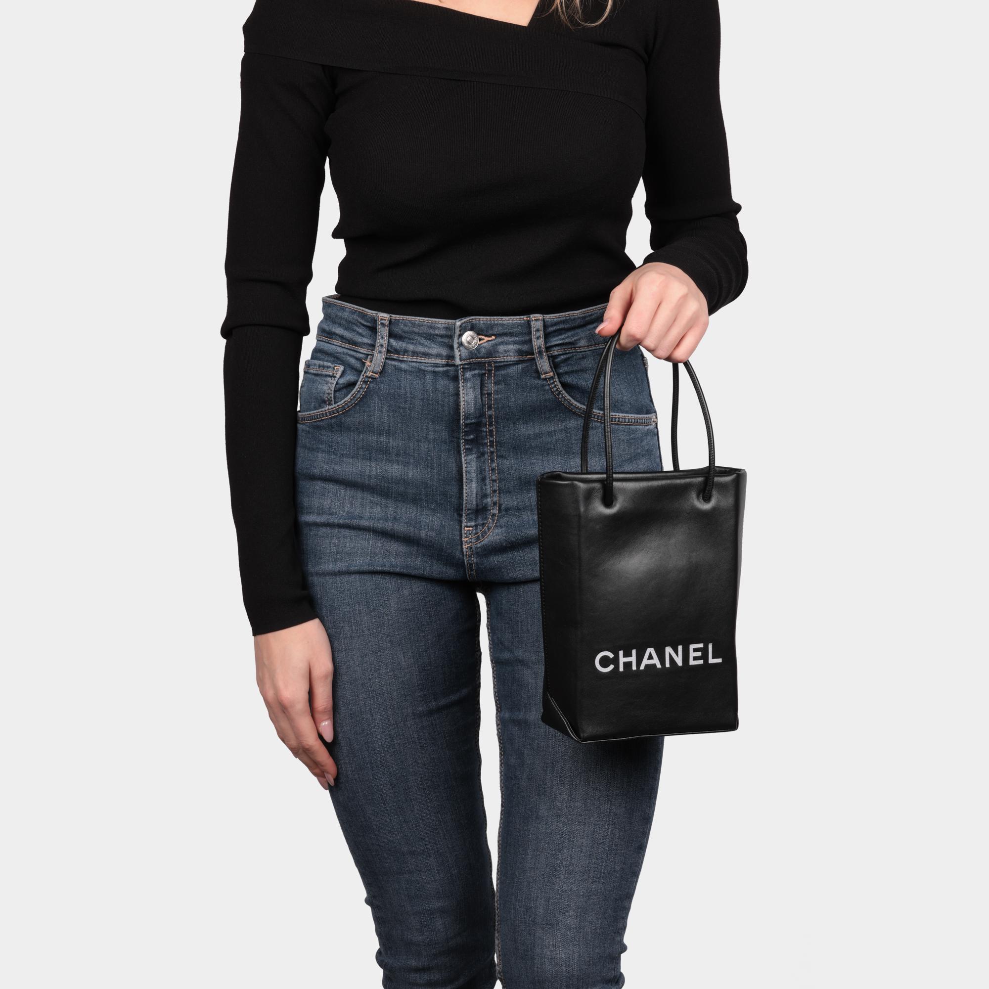 CHANEL Black & White Lambskin Mini Shopping Bag Tote For Sale 5